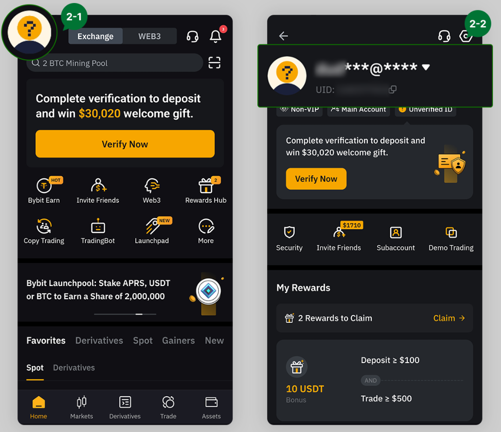 Bybit Home and Profile Screen